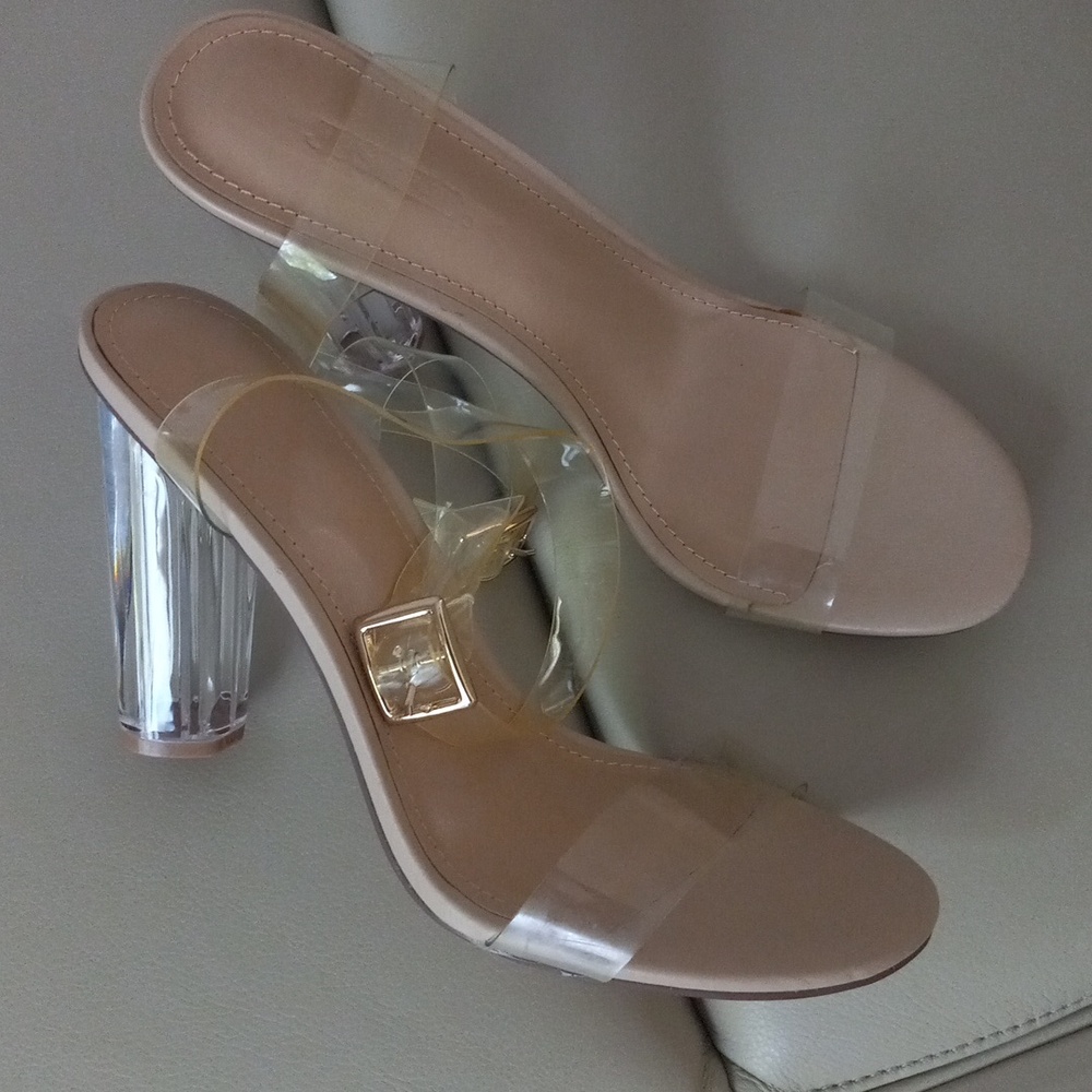Just Fab Ankle Strap Nude Block Heel Sandals with Transparent Ankle Tie Size 8